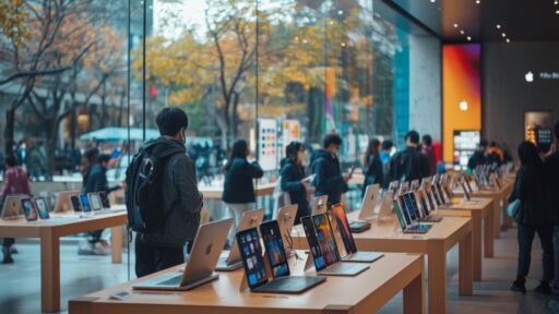 A Stylish Apple Store with the row of Iphones