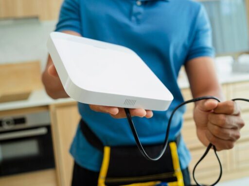 A technician installing internet at home