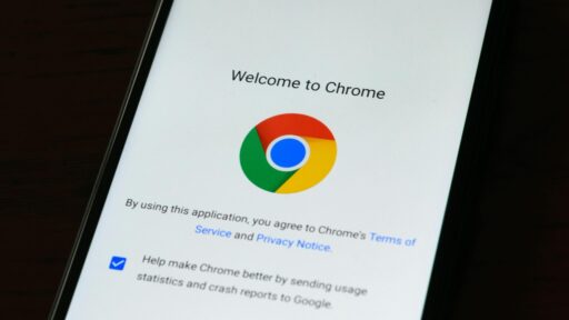 Closeup of smartphone showing Welcome page of Google Chrome