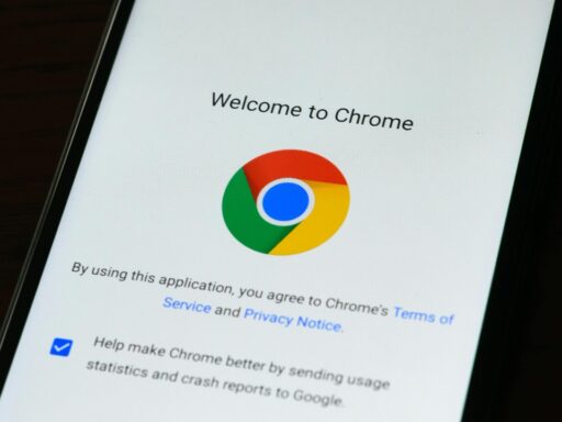Closeup of smartphone showing Welcome page of Google Chrome