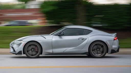 Side view of fast silver sports car