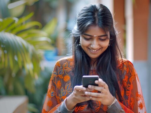 a women is texting and smiling
