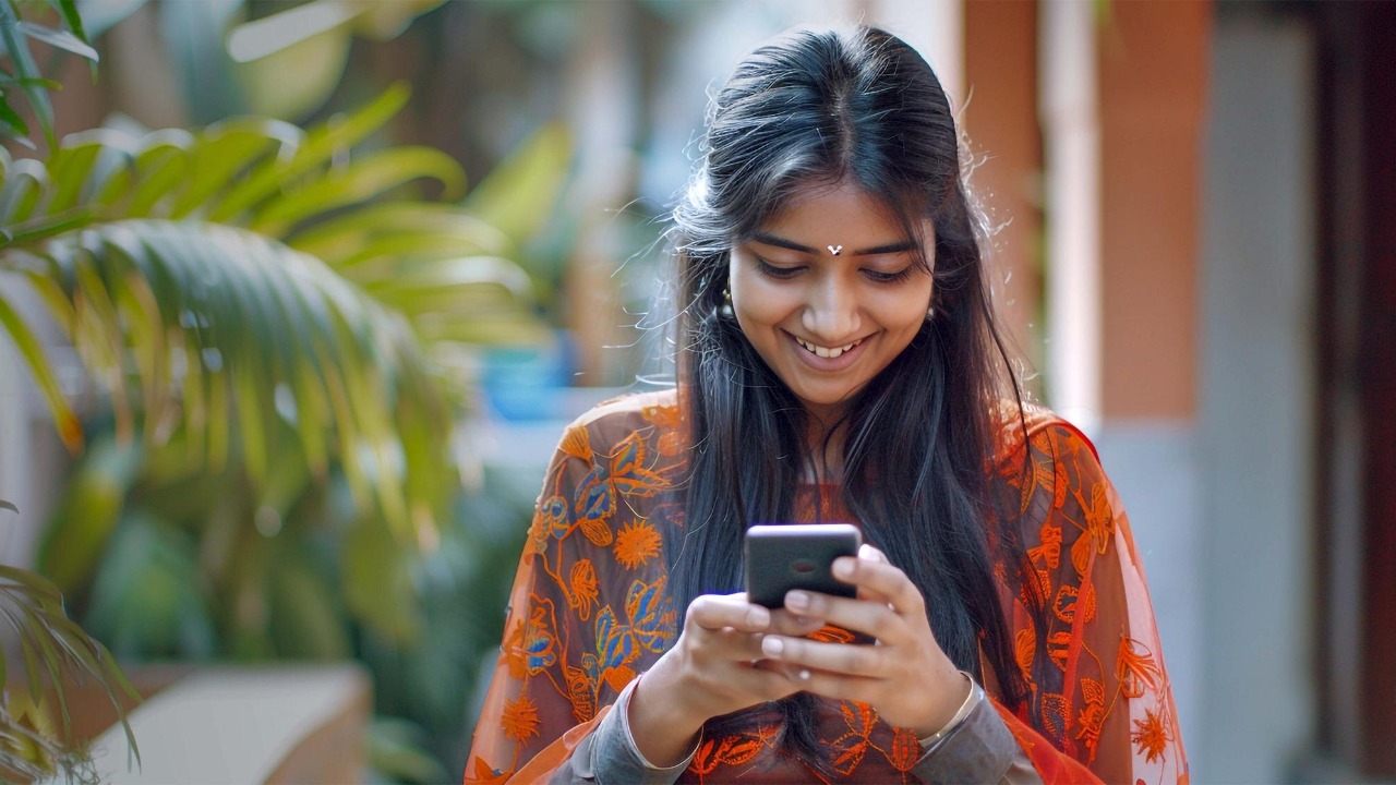 a women is texting and smiling