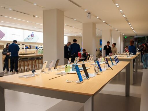 interior of modern electronics store in shingai with customers