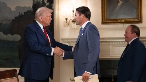 President Donald Trump participate in an interview with Rob Finnerty of Newsmax