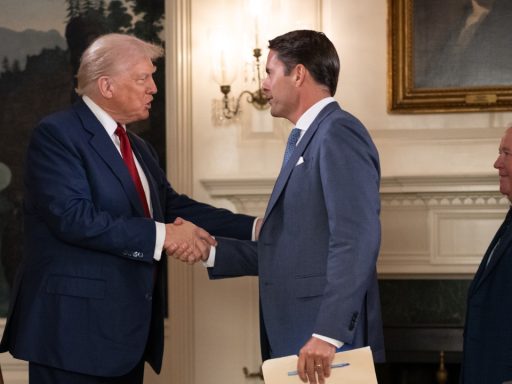 President Donald Trump participate in an interview with Rob Finnerty of Newsmax